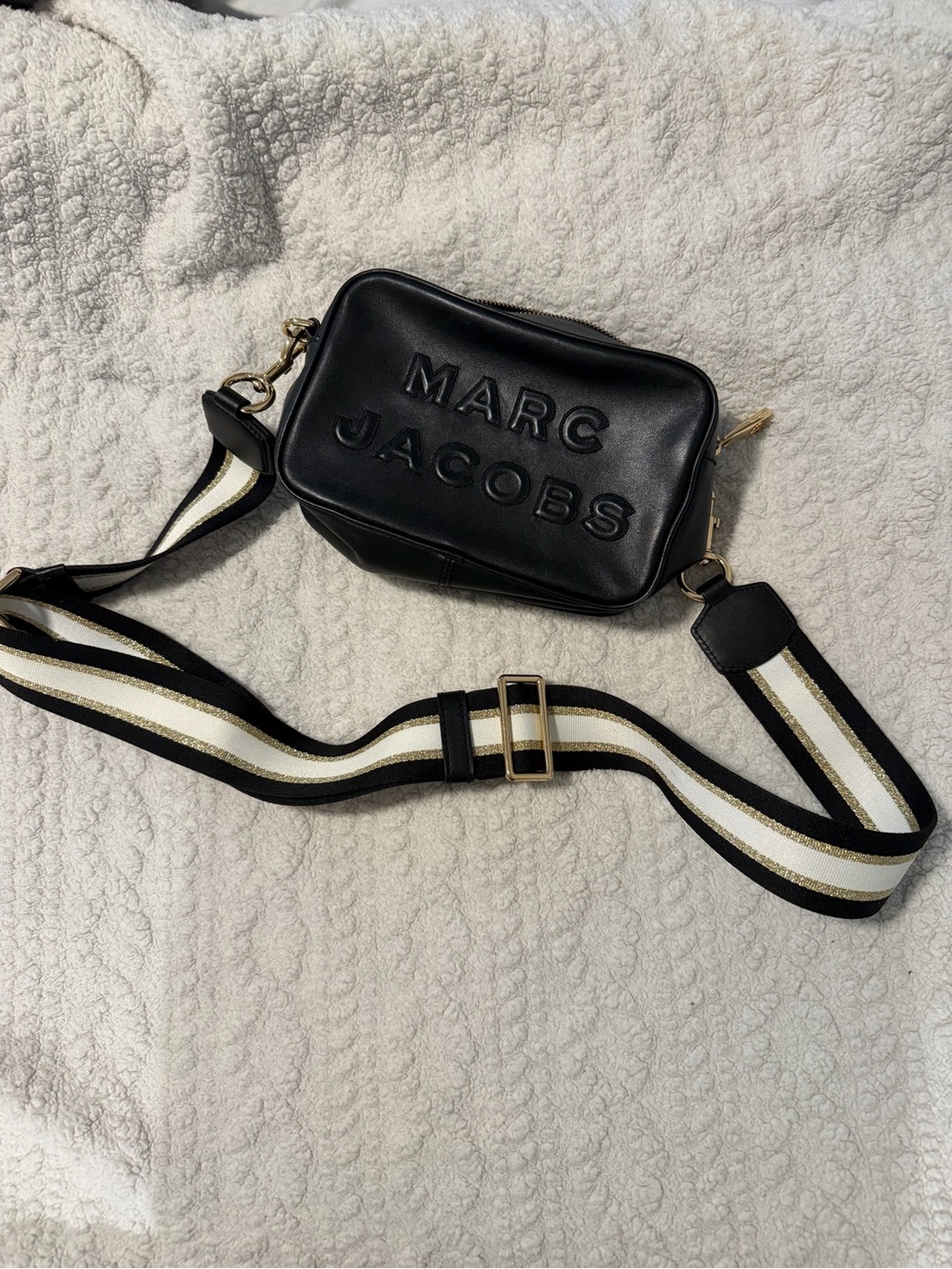 Marc Jacobs Black Leather Belt Bag with Striped White and Gold Strap